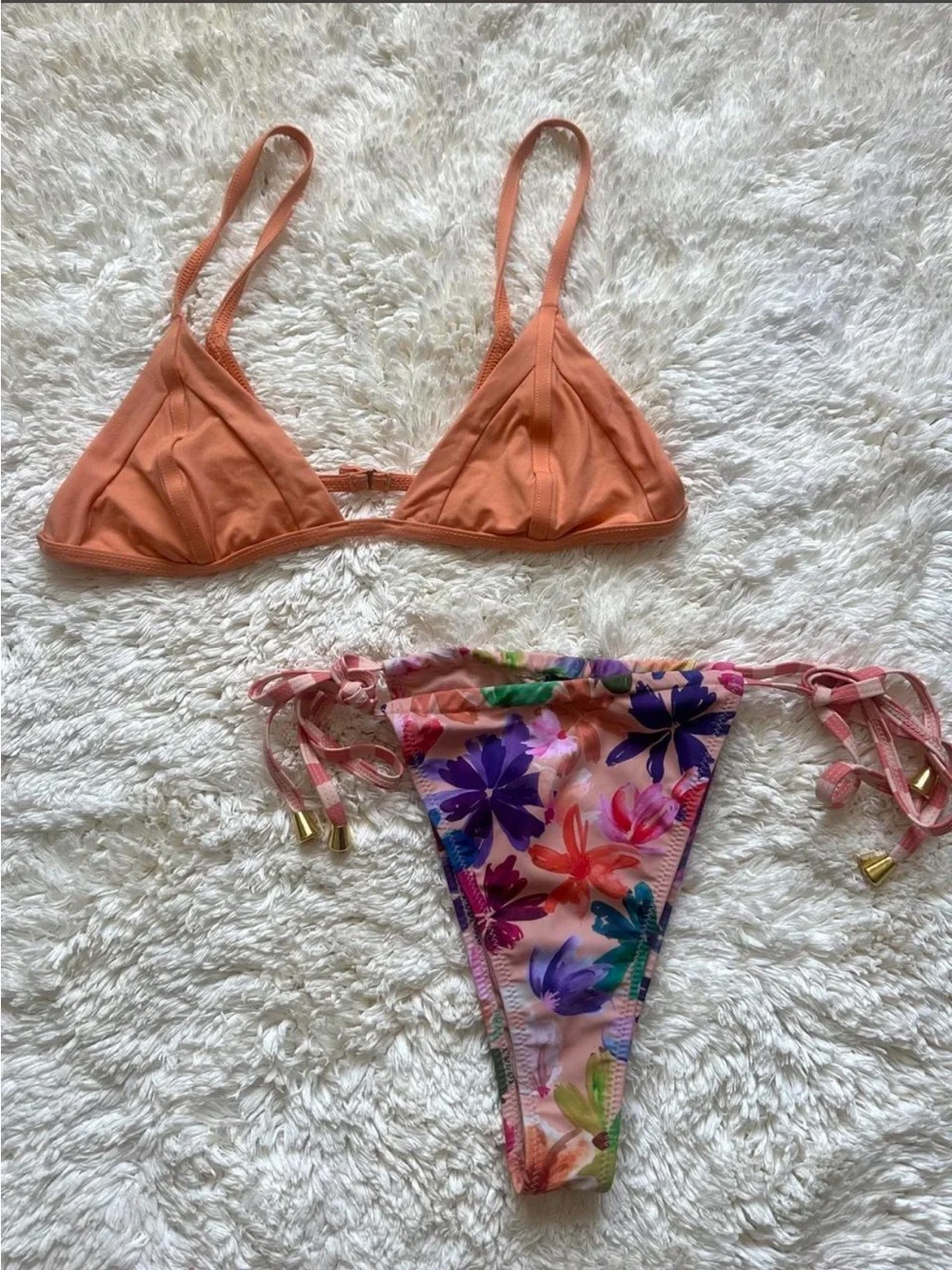Frankie’s Bikini’s Peach Triangle Bikini Top with Floral Tie-Side Bottom